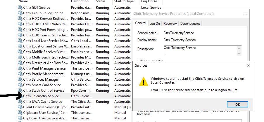 Error 1069 the service did not start due to a logon failureCitrix 1 Cloud School Docs - Citrix Telemetry Service Error 1069 Logon Failure -