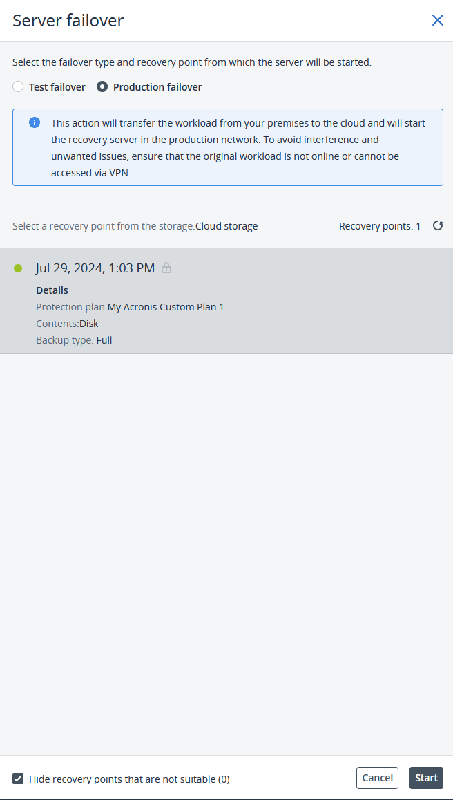 Cloud School Docs - Acronis DR 11 Failover action -