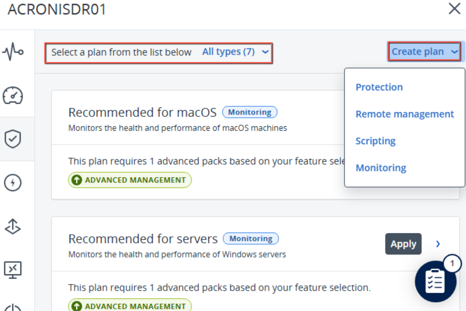 Cloud School Docs - Acronis DR 6 select or create plan -