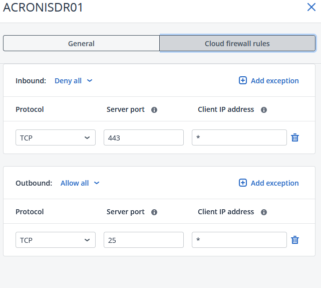 Cloud School Docs - Acronis DR 8 DR plan firewall settings -
