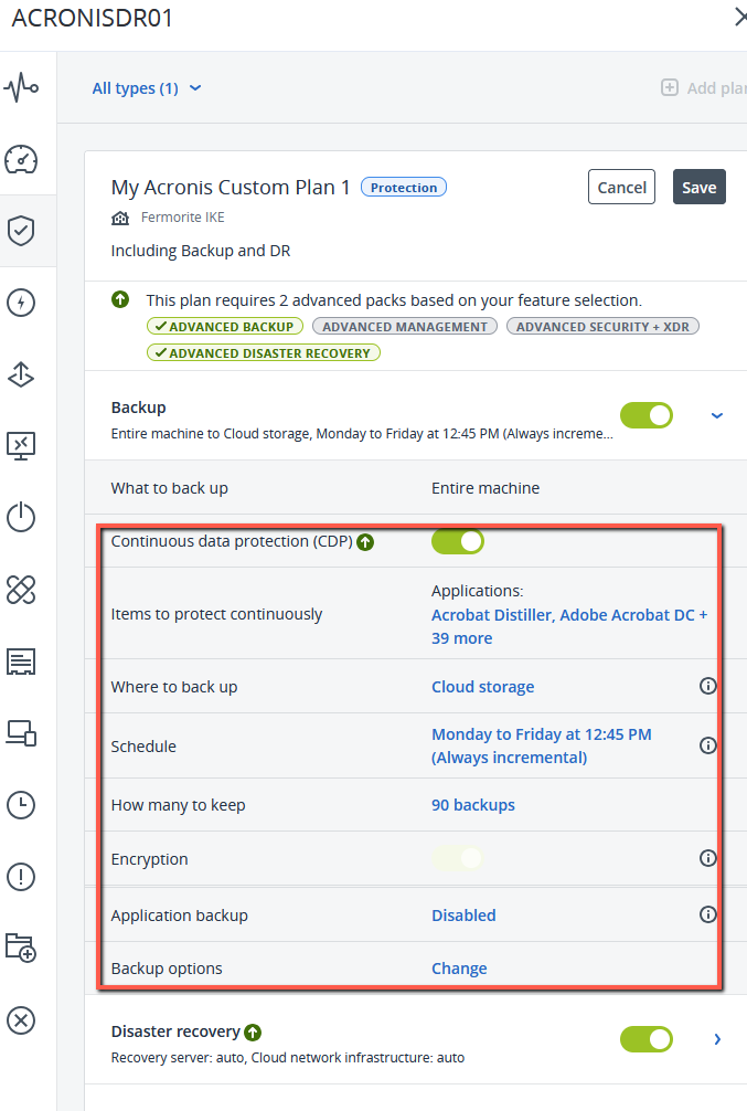 Cloud School Docs - Acronis DR 9 Backup plan settings -